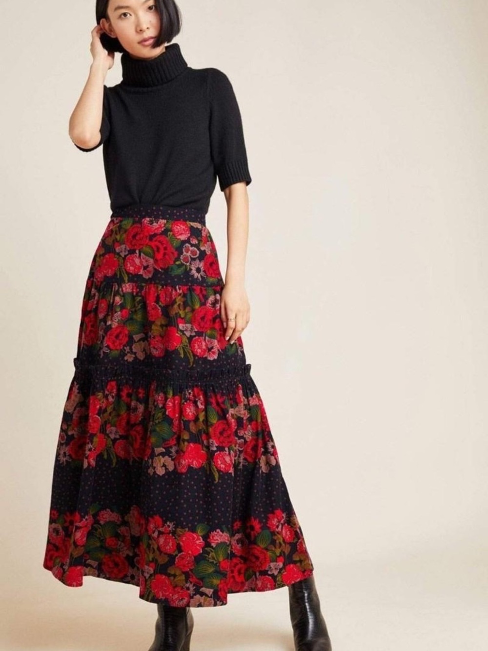 Anthropologie X Eva franco Danette Black Maxi Skirt with Red Floral Print